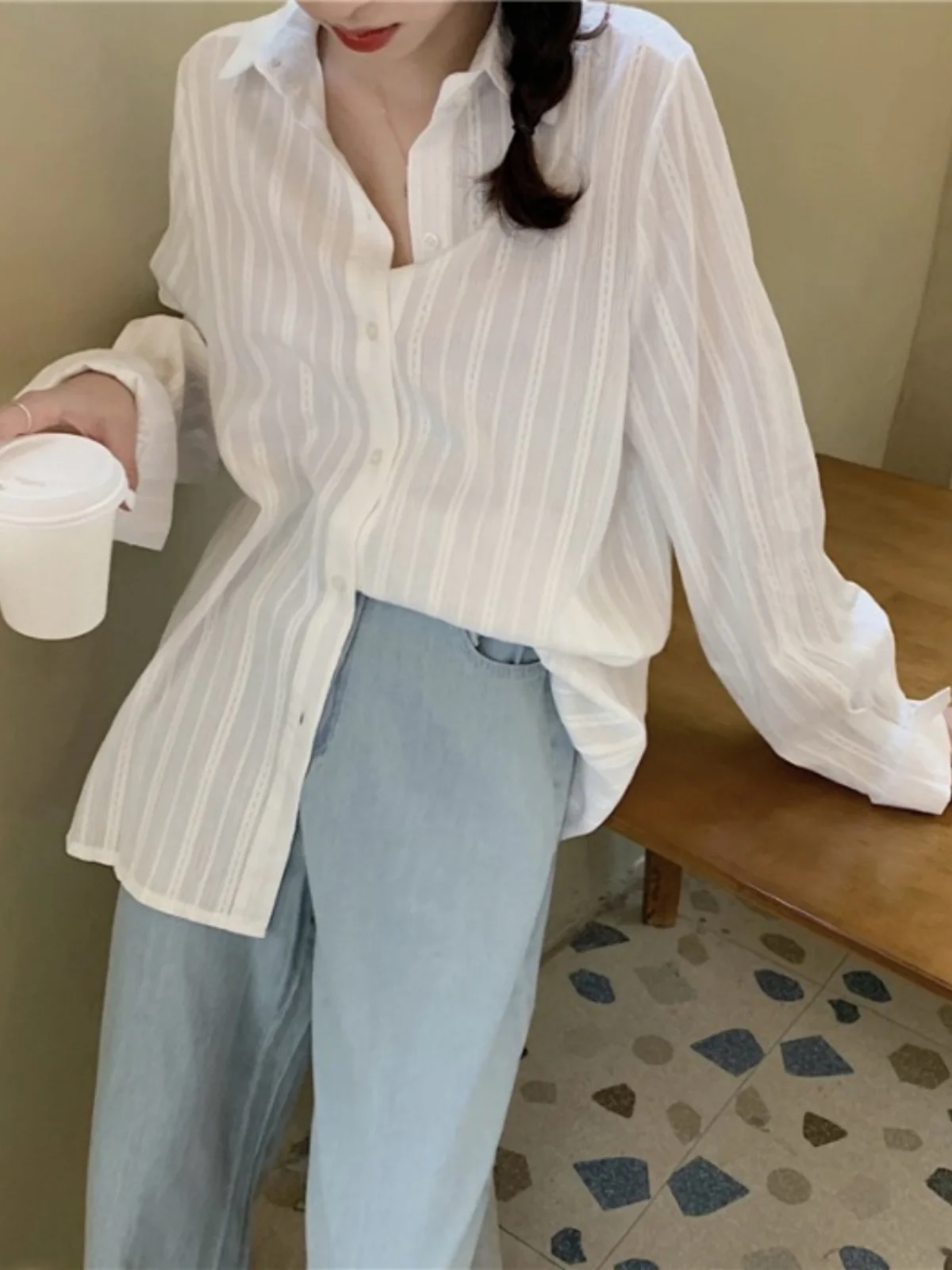 

Casual White Striped irt Women's Loose Fit Long Sve Simple Versatile Korean Sle Collar Button up Polyester Fiber