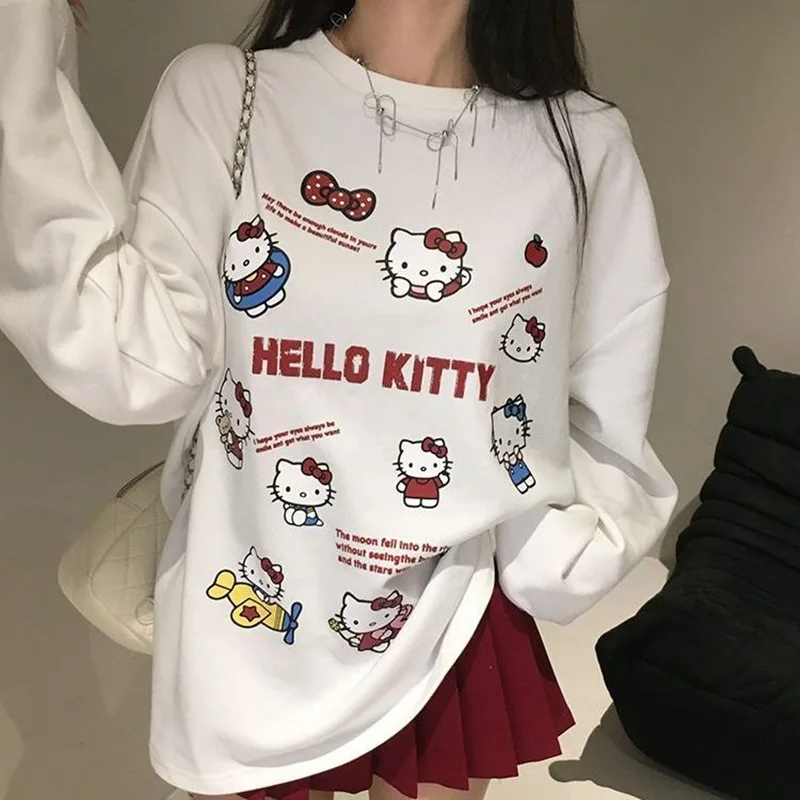 Sanrio Cartoon Print Cotton Tops for Women, Oversized Shirts, Streetwear, Splicing Tops, Kawaii Clothing, Hello Kitty, 2024