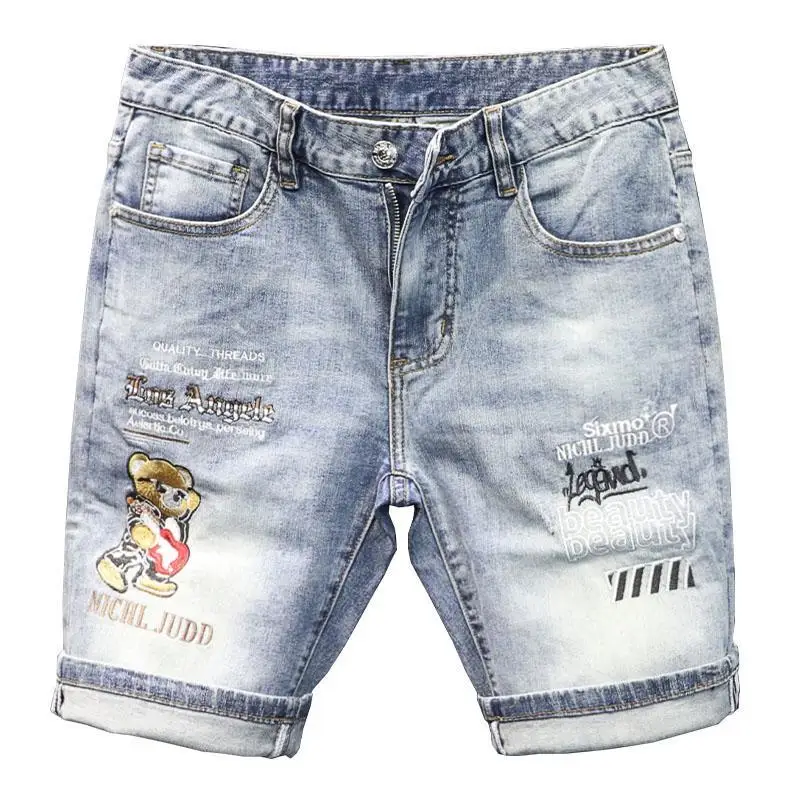 Summer Casual Denim Jeans Shorts Men\'s Knee Length Embroidered Bear Pattern Luxury Classic Cowboy Short Boyfriend Pants for Men