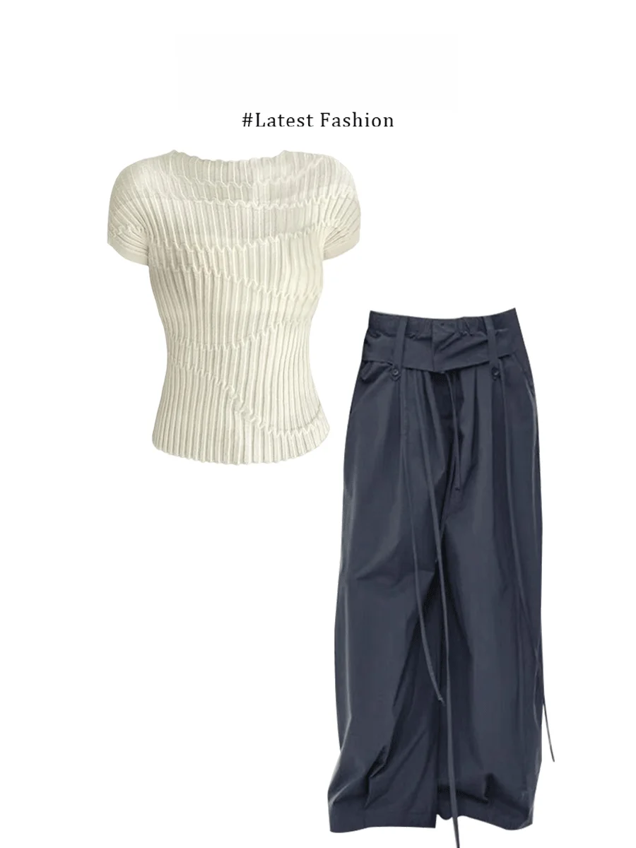 

Parkyeon Casual Knitted Short Sleeve T-Shirt And Pants Two-Piece Set Women's Fashion Summer Outfit Breathable Comfortable