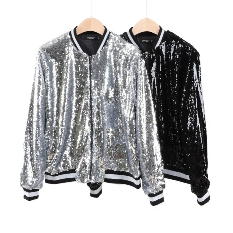 2024 Spring Autumn New Women Casual Zipper Jacket Sequin Contrast Ribbed Cuffs Female Baseball Coat