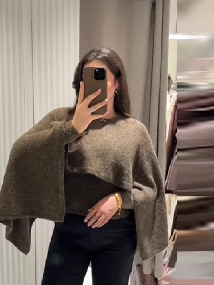 Elegant Autumn Winter Solid Knit Shawl Sweater Vintage O Neck Slim Fit Cape Soft Pullover 2025 New Lady Casual Streetwears