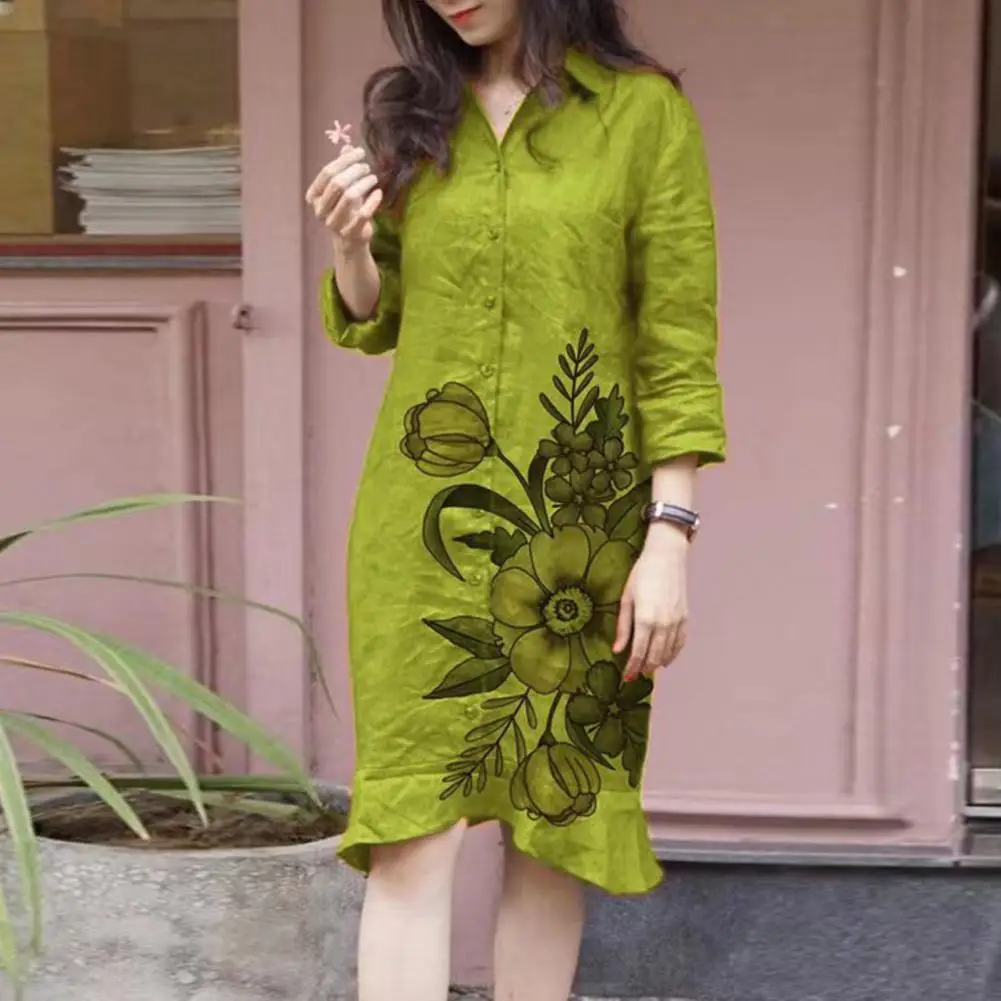 

Womrn Spring Dress Lapel Single-breasted Flower Print Dress Loose Long Sleeve Knee Length Commute Shirt Dress
