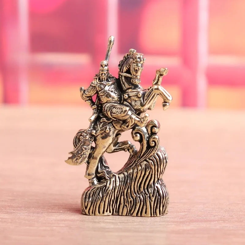 Vintage Brass Guan Gong Figurine, Traditional Chinese Historical Figure Riding Horse Statue, Desktop Tea Pet Ornament