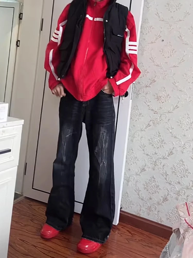 

Waed Bla Fce Lined Skinny Jeans Men's Winter Straight Leg Bell Bot High Waist Vibe Thunderbolt Pattern Jeans