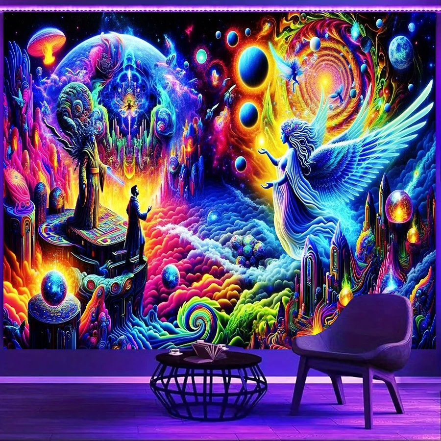 1PC Psychedelic Angel Planet Print Backdrop Banner, Bedroom Living Room Photo Background, Polyester, Home Decor, Wall Art
