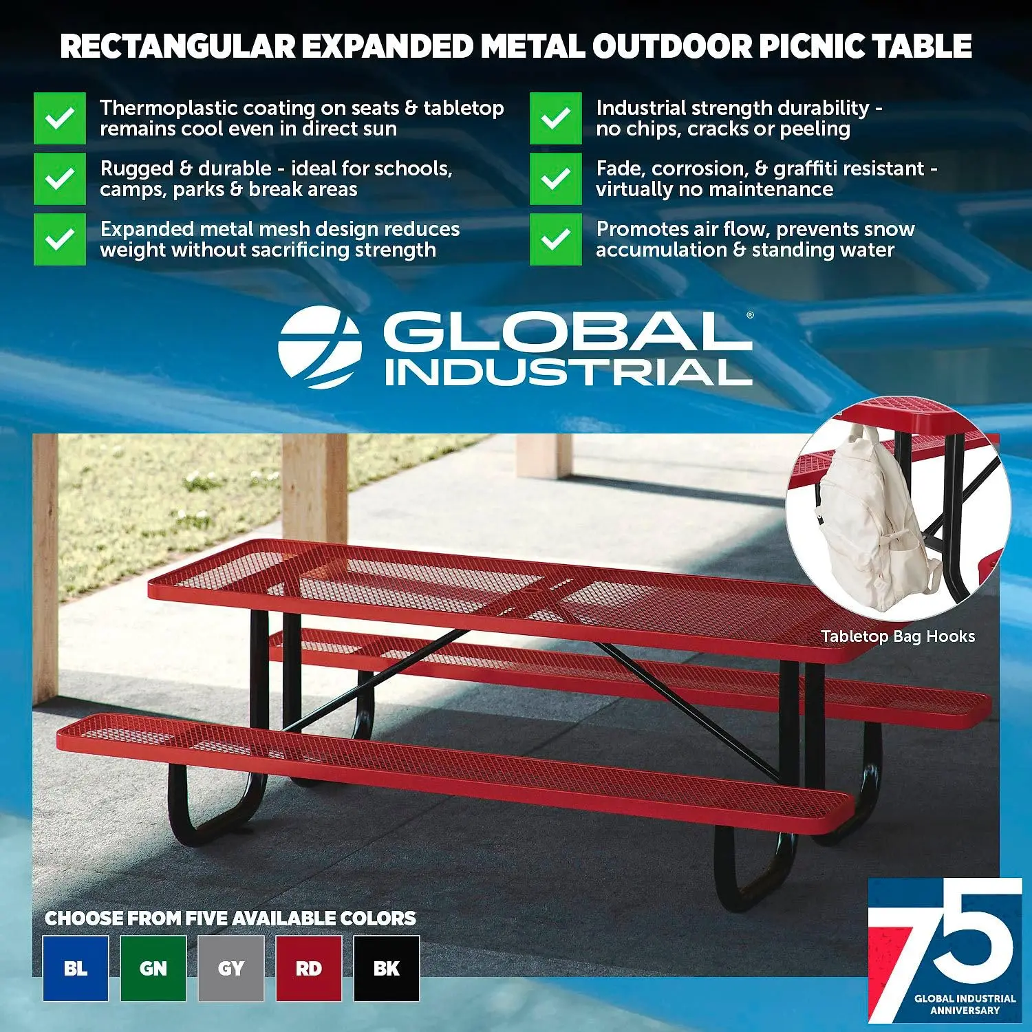 6’L Rectangular Picnic Table, Expanded Metal, Gray