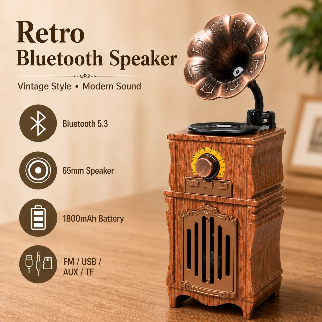 Retro Bluetooth-Lautsprecher, Tragbares Vintage FM-Radio mit USB TF AUX Wiedergabe, Bluetooth 5.3, 1800mAh Akku für Zuhause und Büro