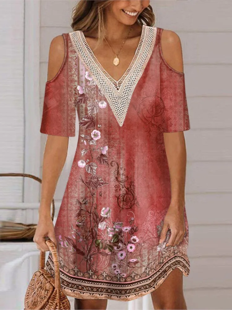 Mode Druck Kleid Für Frauen Casual V-ausschnitt Kurzarm Off Schulter Kleider Dame Boho Urlaub Rock Sommer Frauen Kleidung Neue