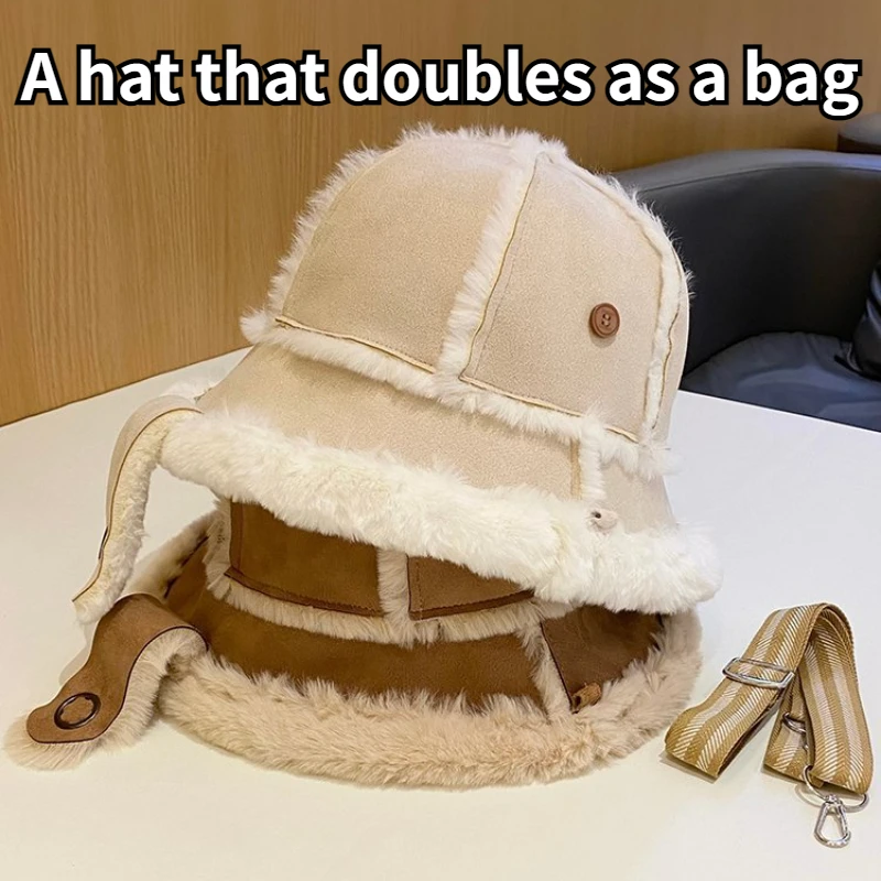 Can Be A Bag of Hats Winter Double-sided Wear Plush Warm Basin Hat Women Fashion All Big Head Circumference Thick Fisherman Hats