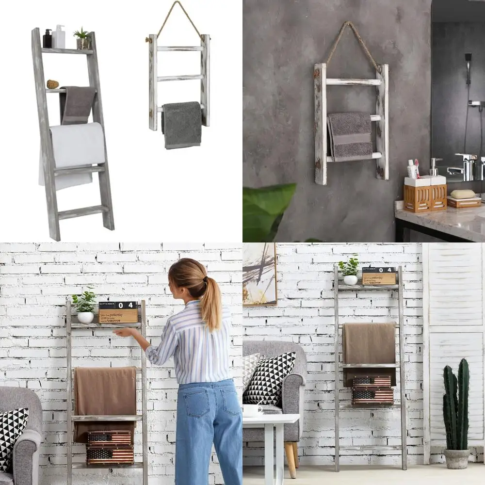 

Rustic Gray and White Wooden Ladder-Style Blanket Rack with 3-Tier Mini Whitewashed Wall-Hang
