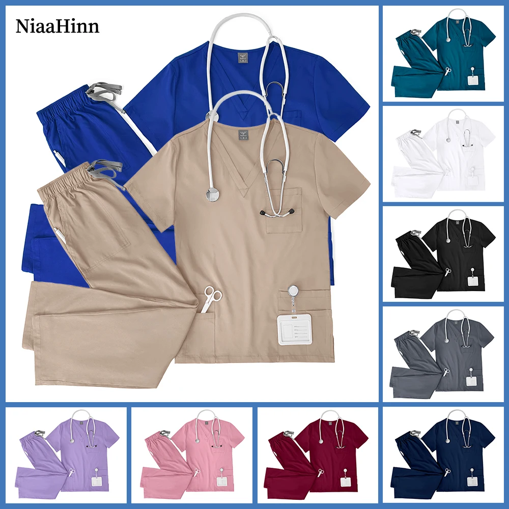 Elastic V-neck Short Sleeved Tops Pants Suit Operating Room Surgical Uniform Wholesale Dental Veterinary Scrub Set Work Uniforms