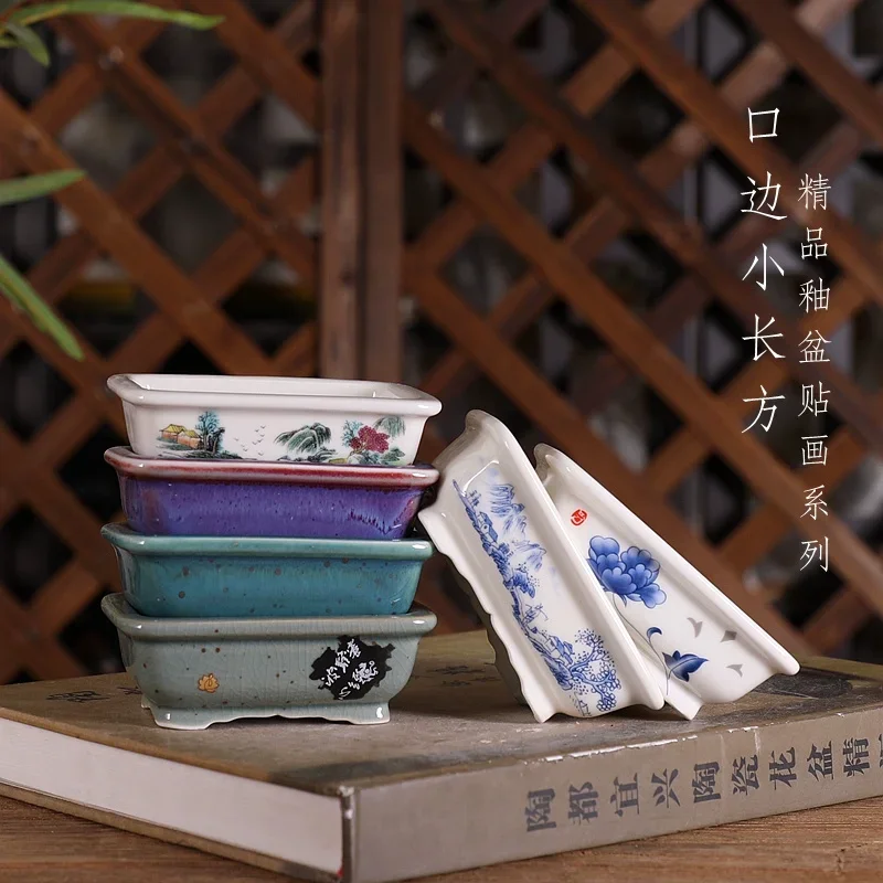 yesPorcelain Rectongle Bonsai Pot,Small Vase, Rectangle, Chinese Pattern, Cubicles, Office Room, Table, Garden Decoration