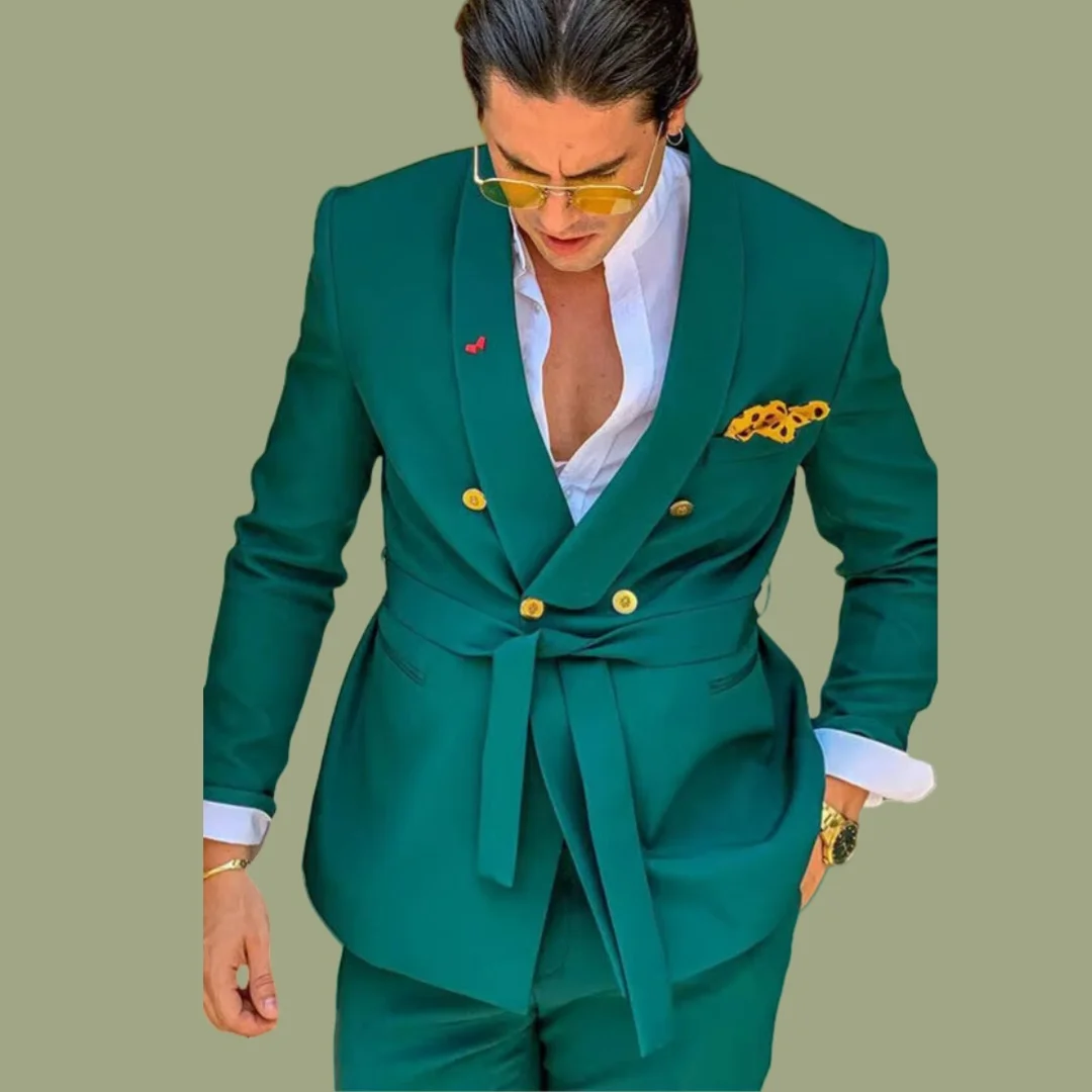 

Роскошный мужской зеленый двубортный костюм с поясом для официальных мероприятий, стильный элегантный для свадьбы, комплект из двух предметов, куртка, брюки terno mascu