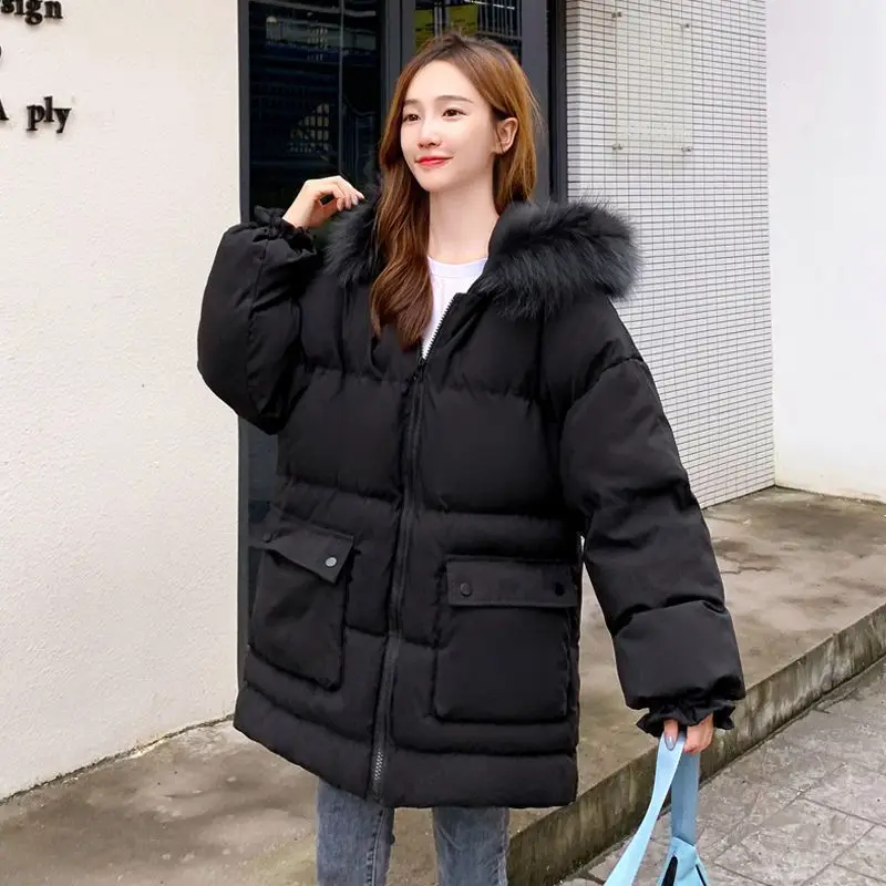 Nova jaqueta de inverno, jaqueta de algodão feminina de médio a longo, roupa de estudante solta, jaqueta de algodão com gola de pele grande