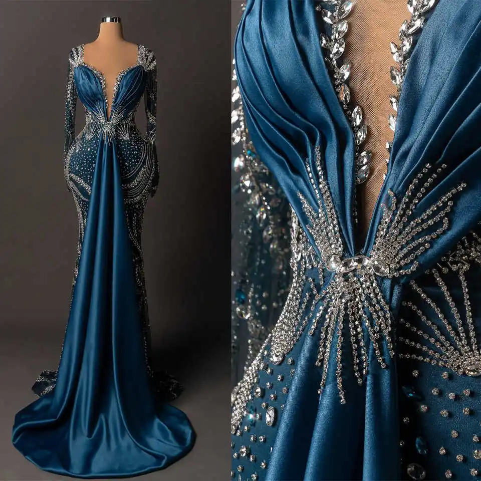 

Elegant Evening Dresses Mermaid V-Neck Crystals Bead Long Sleeve Sweep Train Prom Gowns Party Dresses Customized Robe De Soirée