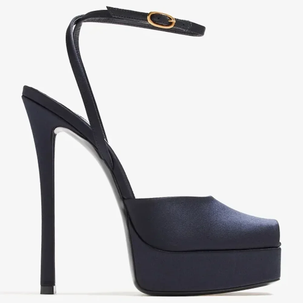 

Platform Peep Toe Satin Slingback Pumps Sexy Square Toe Thin Heel Ankle Strap New Arrivals Fashion Women Modern Shoes