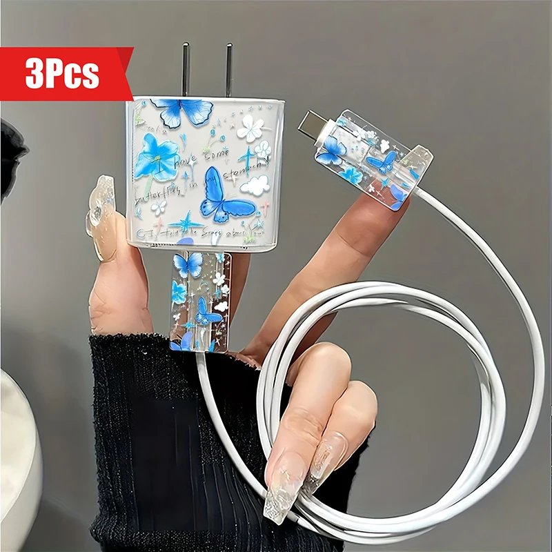 

Cute Butterfly Charger Protective Cover, Suitable for iPhone Models 13, 14, 15, 16, Supports, 18W, 20W, Fast Charging, 3Pcs Set