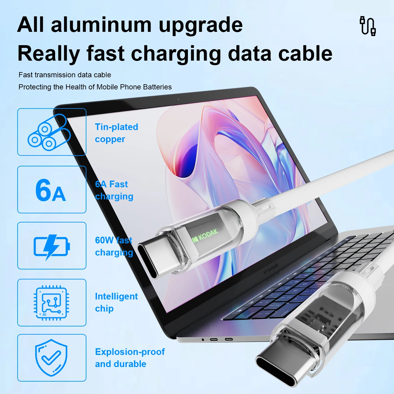 Kodak 60 Вт USB C — USB C Кабель для сверхбыстрой зарядки с подсветкой 1,2 м Подходит для iPhone 15 16 Samsung Xiaomi Huawei Кабель для зарядки