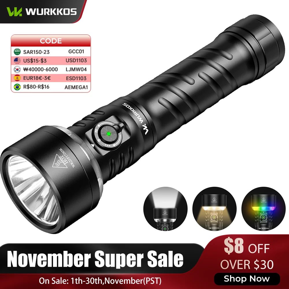 Wurkkos TS27 High-Performance Flashlight 3200LM Multi-Function Rechargeable Ideal for Outdoor Camping Built-in 15000mAh Battery