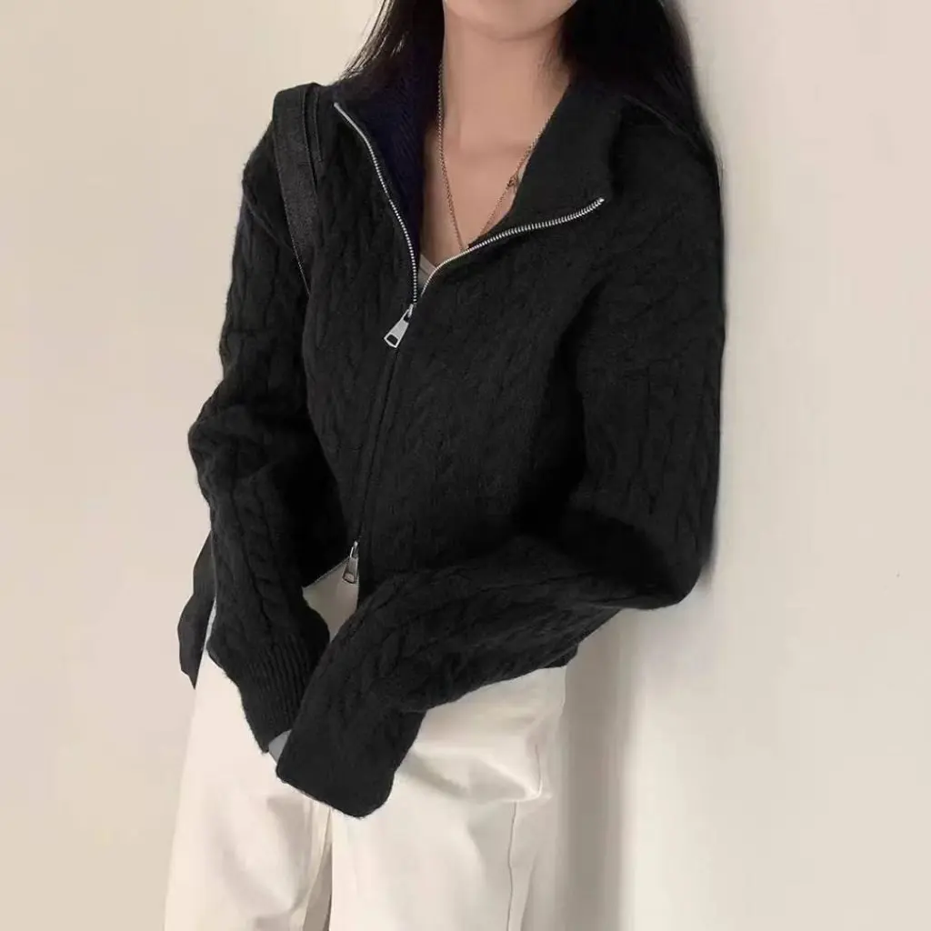 

Autumn Winter Women's Loose Knitted Cardigan Top Double Zipper Flip Collar Sweater Coat Casual Vintage Twist Loose Fit