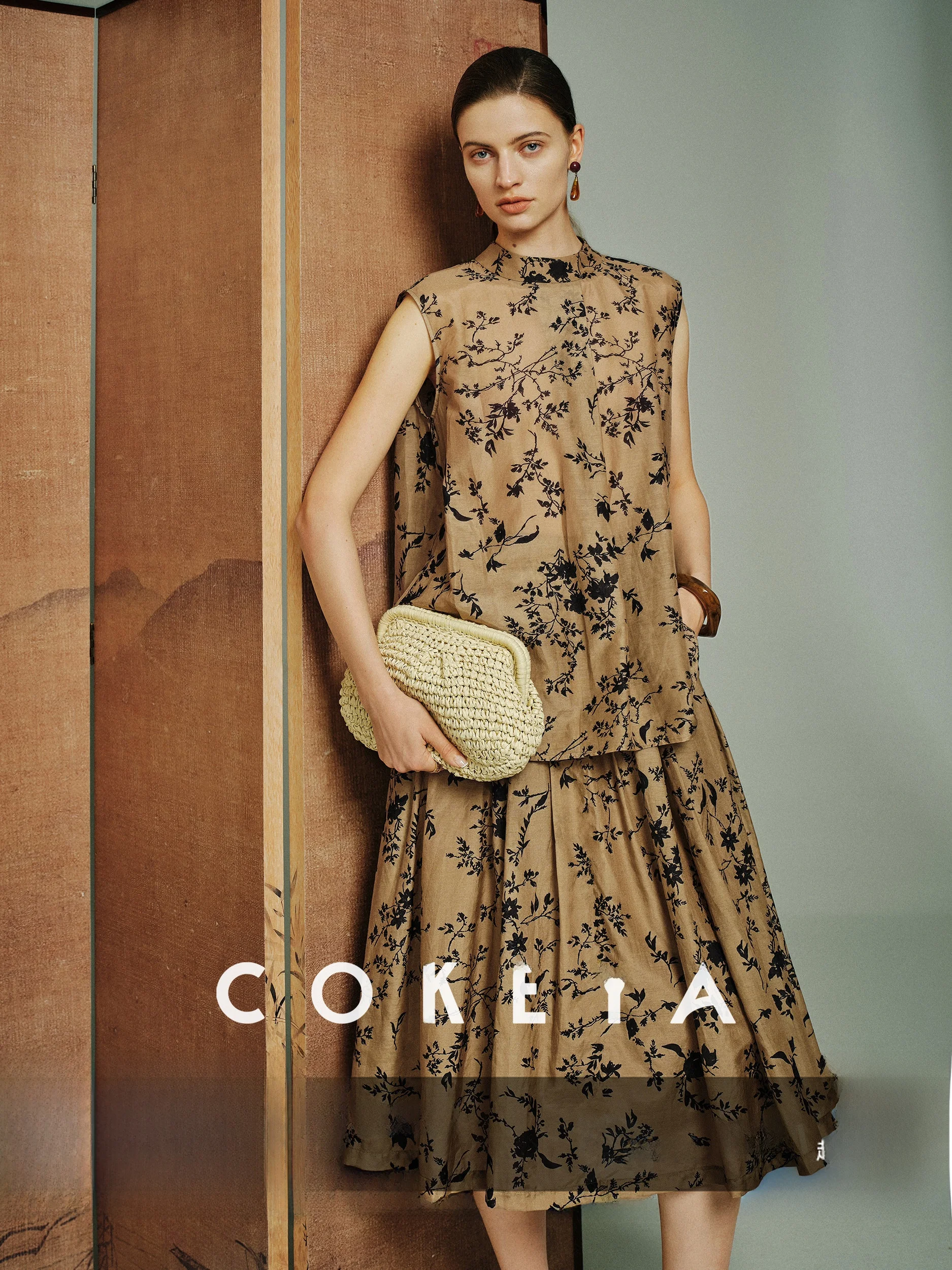 

Шелковый комплект CA Oriental Beau: топ-жилет с принтом и юбка А-силуэта для женщин, летний, 70% хлопок, 30% шелк