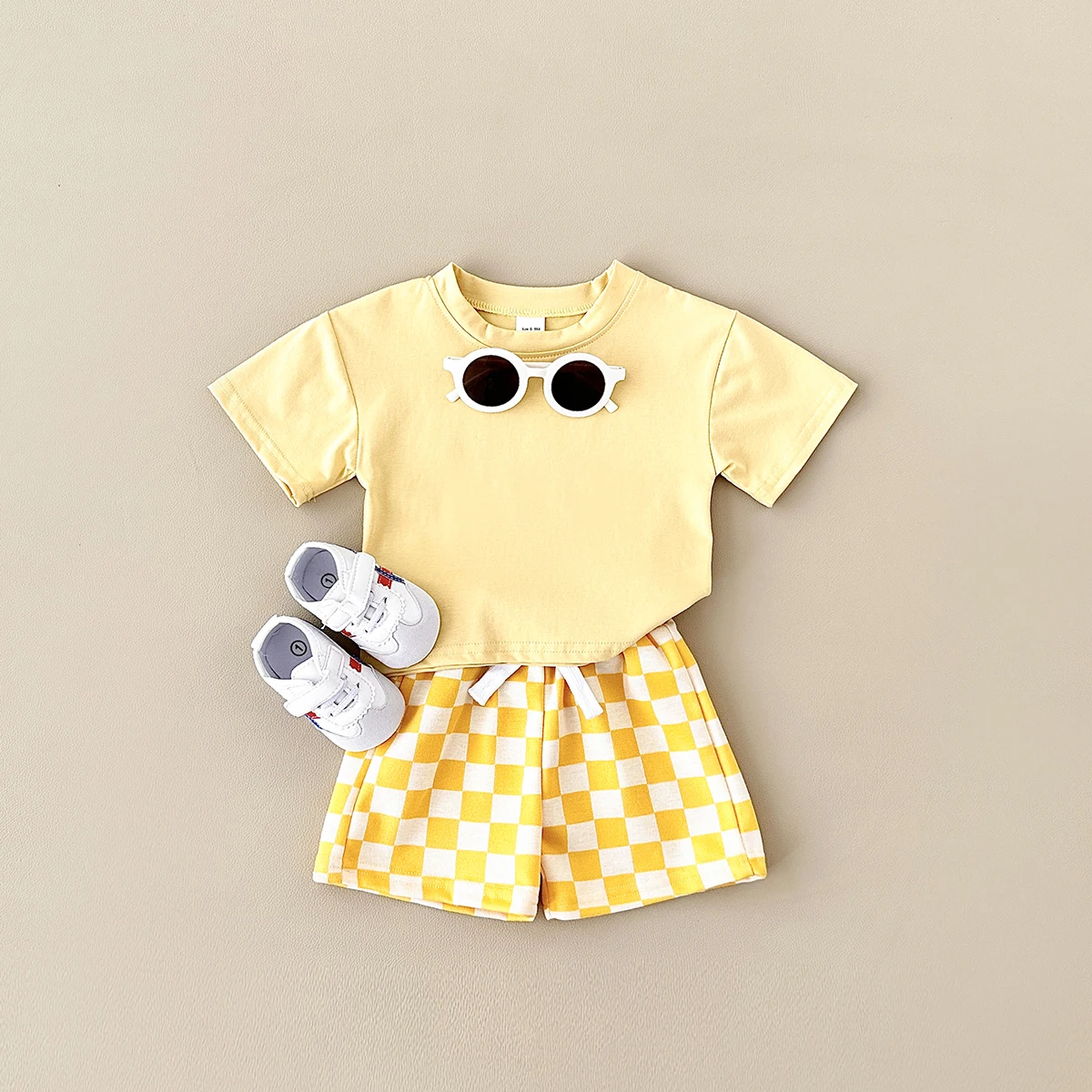 2024 Newborn Summer Boys Clothing Set Solid Color Short Sleeved T-shirt+Checkerboard Shorts Cotton Girls Casual Children Suit