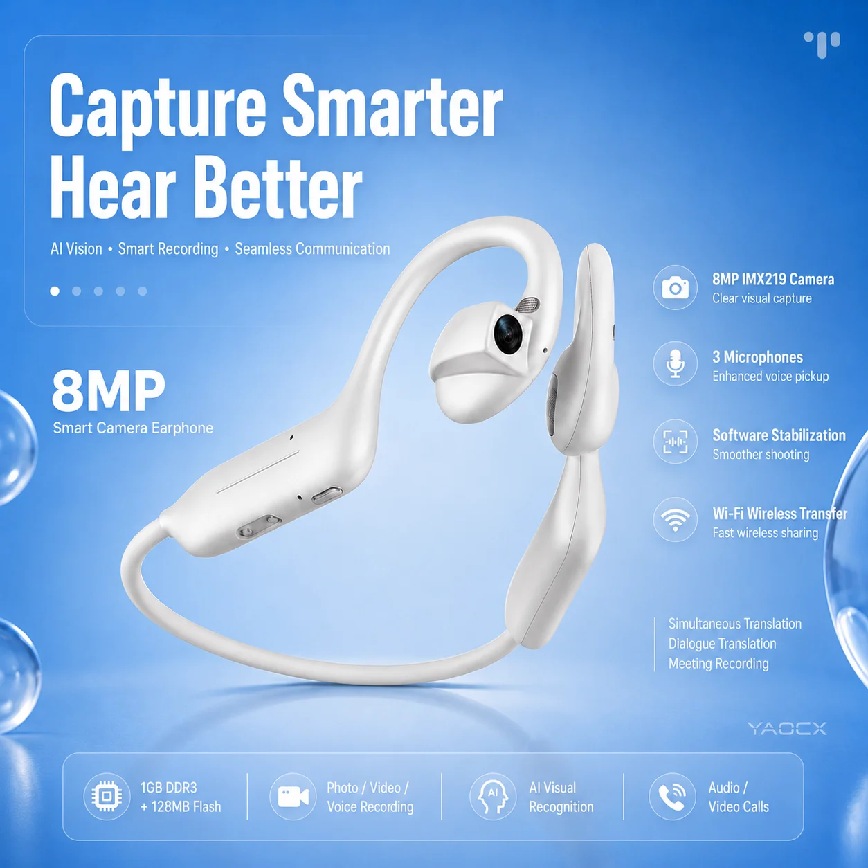 AI Translation Camera Earphones Open Ear Headset Real-Time Dialogue Translation 3-Mic Recording for Travel Meeting Headphones