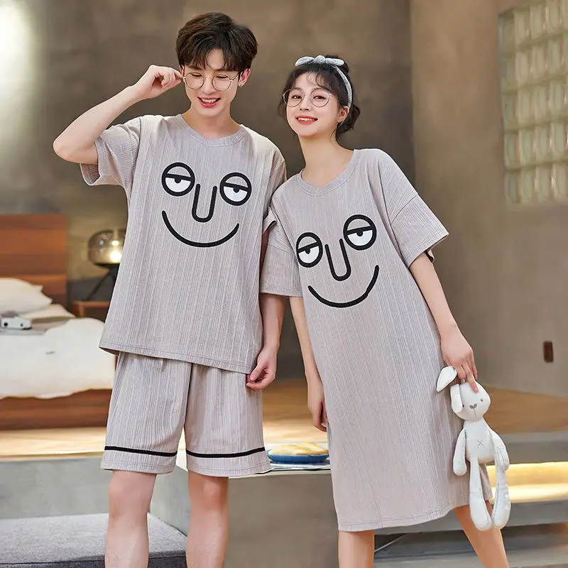 Women\'s Pajamas Cotton Korean Version Loose Sleepwear Short Sleeves Round Neck Homewear Two-piece Set Nightgown Thin Pajama Man