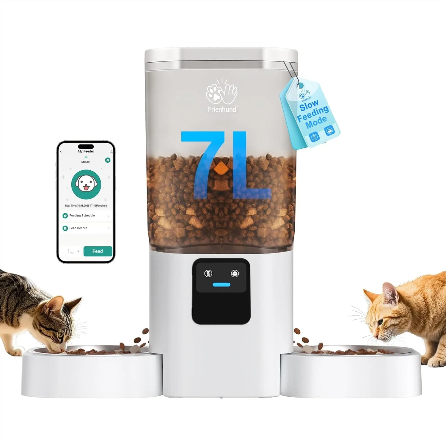 

Automatic Cat Feeder 2 Cats with Slow Feed, Dual Dog Feeder 5G WiFi, Cat Food Dispenser APP Control, Detachable Double Pet Bowl