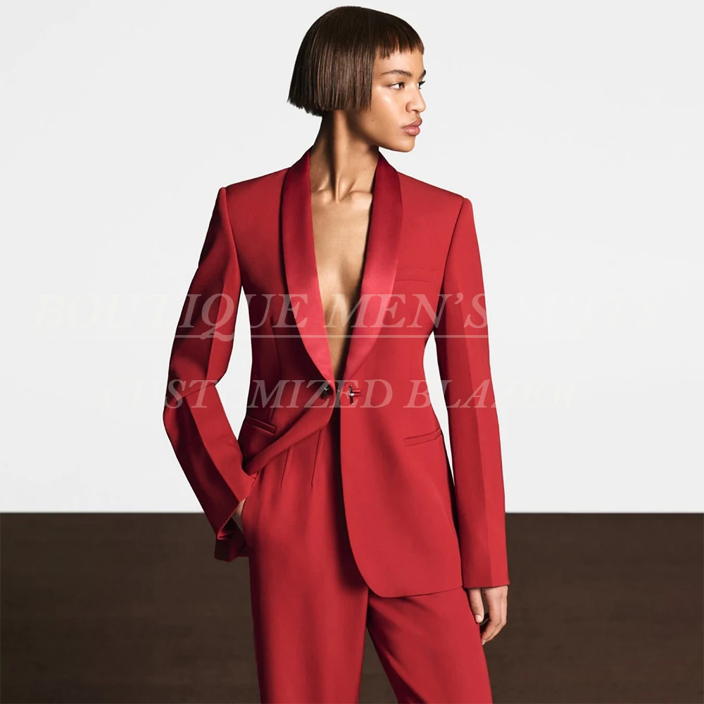 

Fashion Red Women's Suits Customized One Button Satin Shawl Lapel Blazer High Quality Evening 2 Piece Jacket Pants Outfits