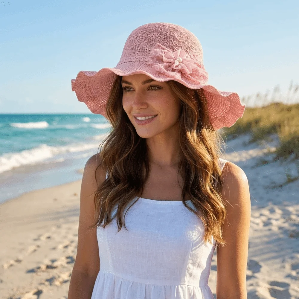 Sweet Solid Color Wide Brim Knitted Hat Flower Breathable Weave Bucket Hat Lightweight Lace Bow Beach Sun Hat Summer