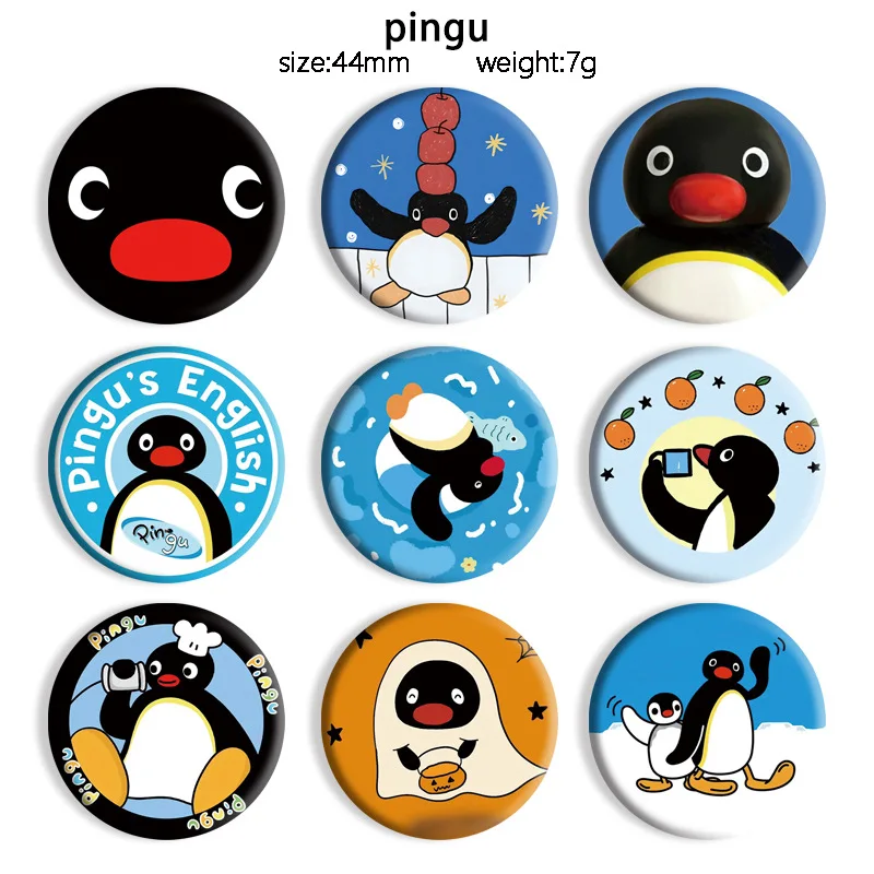 10 Stück Neue Cartoon Niedliche Pingu Pinguin Kreative Anstecknadeln Lustige Gesichter Runde Snap-in Broschen Abzeichen Rucksack Hut Accessoires Geschenke