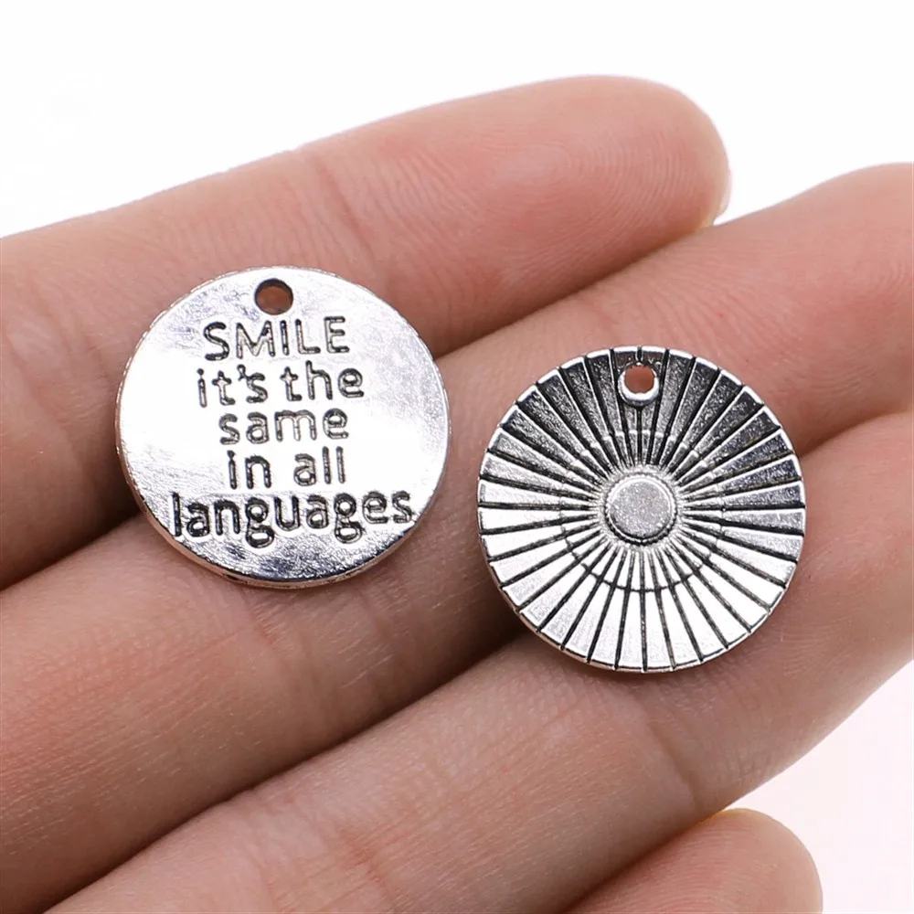 IFOCUS 10pcs/Lot Smile Is The Same In All Languages Charms For DIY Jewelry Making Zinc Alloy 20x20mm/0.79x0.79inch
