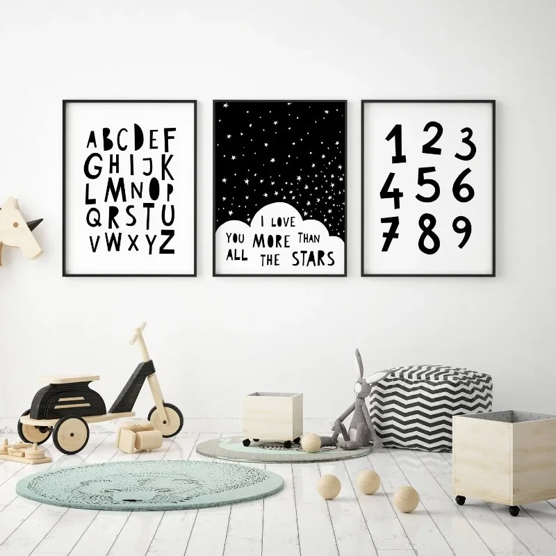 1pc frameless Canvas Painting Black and White Alphabet ABC Number 123 Poster Canvas Painting Nursery Wall Art Kids Wall Prints B
