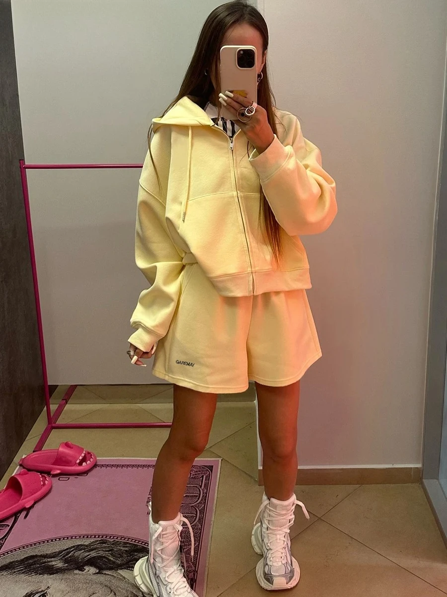 Top and Shorts Two Piece Set Casual Sports Yellow Suit for Women Women's Summer Tracksuit with Shorts Zipper Cotton Oversize