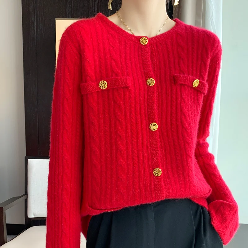 Autumn And Winter New Cashmere Sweater Women's Round Neck Solid Long Sleeve 100 Pure Wool Loose Small Fragrance Knitted Cardigan