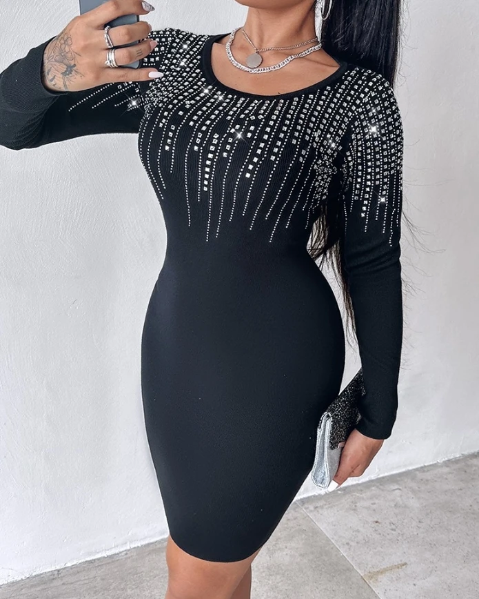 

Fashionable and Sexy Dress Pullover Mini Sweater Dresses Crew Neck Long Sleeve Rhinestone Decor Bodycon Dress for Women