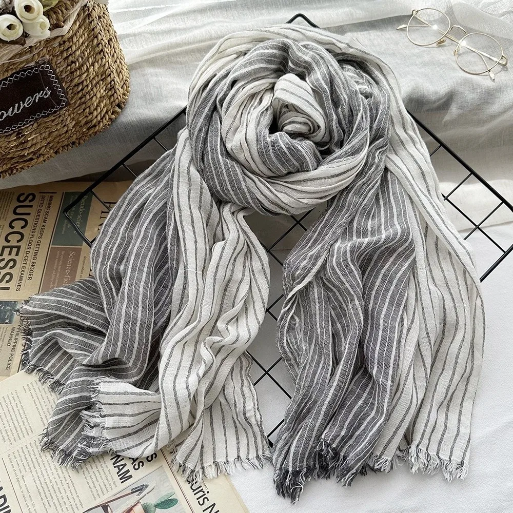 Comfortable Striped Cotton Linen Scarf Large Tassels Fringe Neck Scarf Breathable Soft Warm Wrap Shawl Spring Autumn