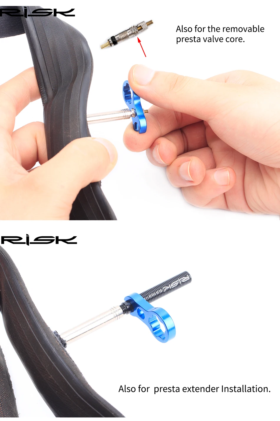 Fahrrad-Ventilverlängerung für Presta-Ventile, 45 mm/80 mm, Verlängerungsstange für Fahrradschläuche, Ventilverlängerungsstange für Fahrradfelgen mit 3-in-1-Werkzeug. – Detail 5