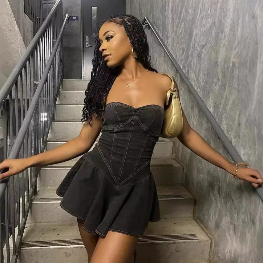 

Chest Wrap Sexy Dress Women Sleeveless Backless Split Splicing Tight Denim Mini Dress Thin Sexy Y2K A-word Denim Dress