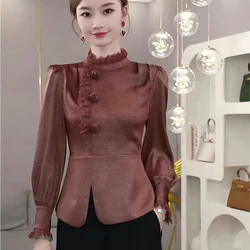 Autumn Women's 2024 New Item Light Luxury Fashion Temperament Highlights White Red Brown Long Sleeved Top French Shirt Women's