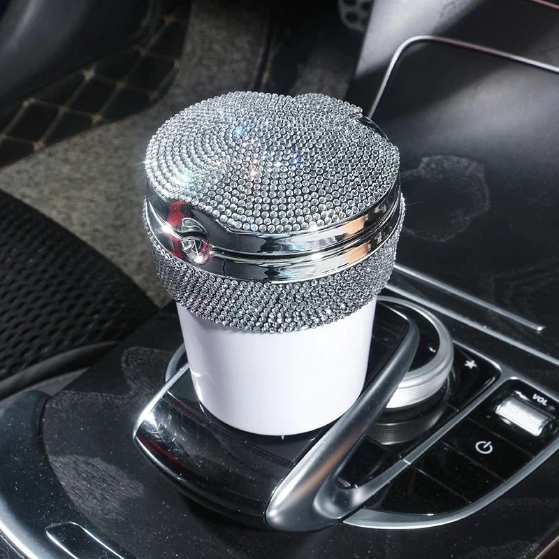 Bling Bling Diamond Car Ashtray Auto Portable Bling Cigarette Smokeless with LED Light Indicator Car Accessories for Women