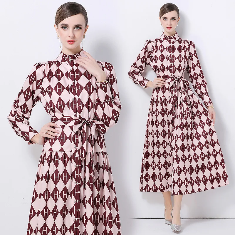 Spring Autumn Retro French Eye-catching Women Dress Stand Collar Single Breasted Geometric Print Dress Party Holiday Daily Wear
