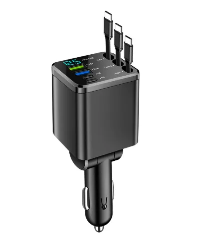 5-in-1 Einziehbares Auto-Ladegerät USB Typ C PD Einziehbares Kabel für iPhone Samsung Schnellladekabel Zigarettenanzünder-Adapter