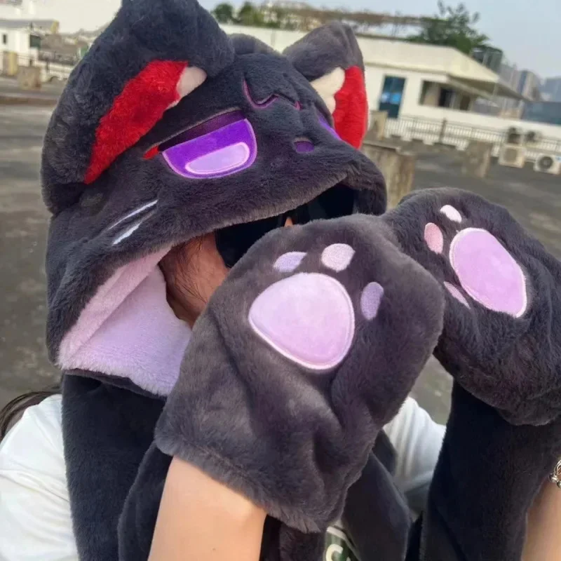 Game Genshin Impact Wanderer Xiao Plush Hat Scarf Gloves Set 3 In 1  Super Cute Plush Doll Scarves Windproof Warm Christmas Gift