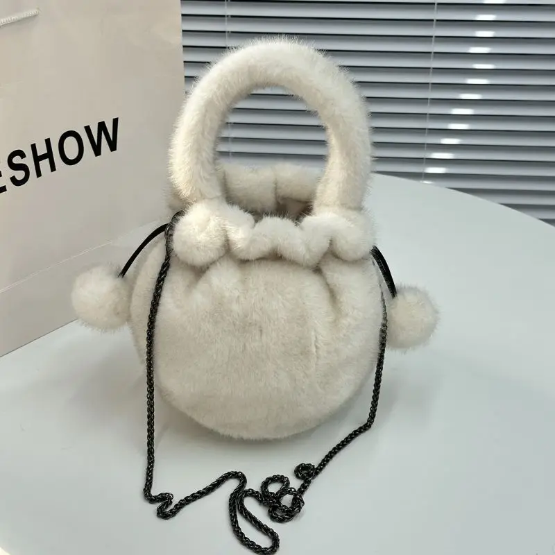 Ladies High Quality Imitation Mink Messenger Bag Ladies Cute Shoulder Bag Fashion Fluffy Drawstring Faux Fur Bag