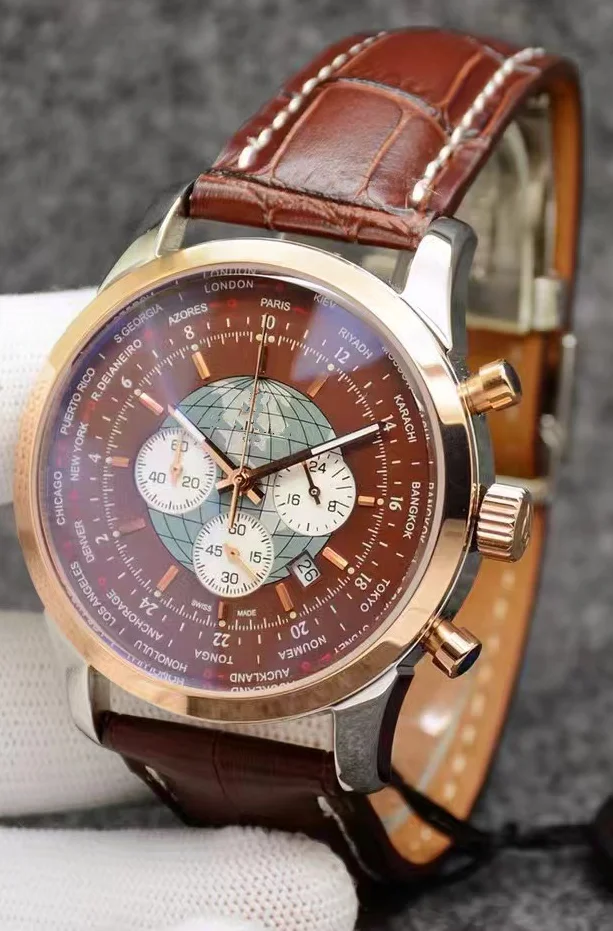 Luxury New Men Quartz Chronograph VK63 Watch 904L Stainless Steel Black Rose Gold Black Leather Sapphire Wristwatch 44mm