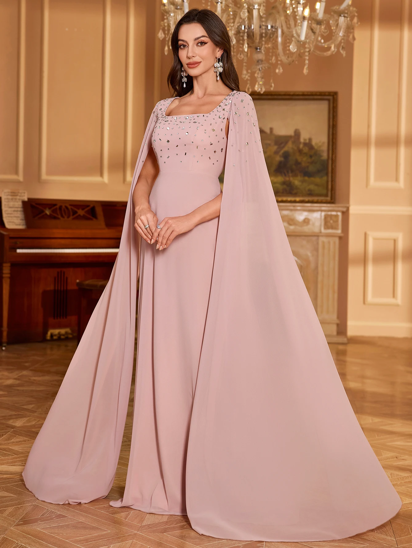 UNITHORSE Women Square Collar Rhinestone & Sequin Sleeve Solid Color Chiffon Evening Party Bridesmaid Dress