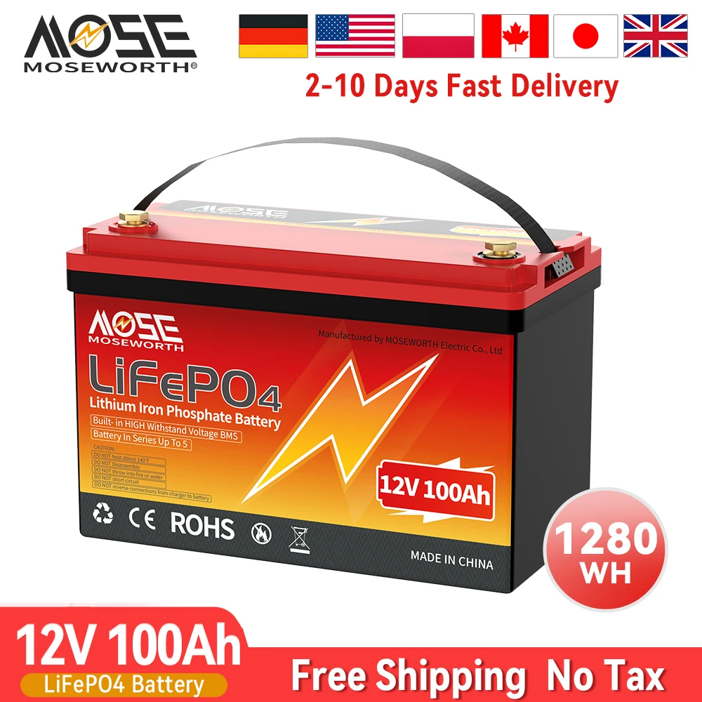 LiFePO4 Battery Pack 12V 100Ah 1280Wh 8000 Cycle 4S BMS GradeA 100Ah Lithium Pack For RV Comper Boat Solar Home Energy EU NO TAX 